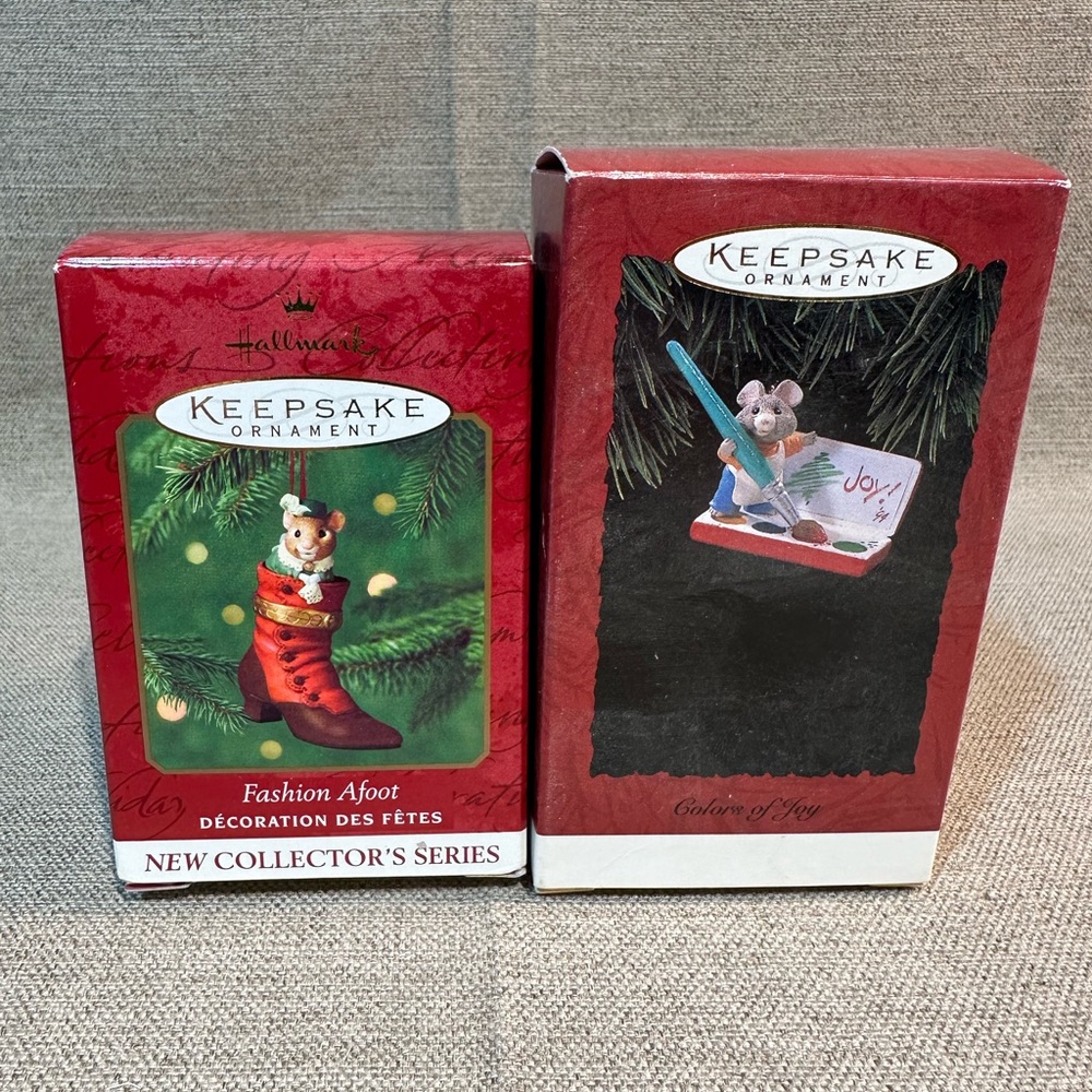 Vintage Hallmark Ornaments - Mouse in Boot and Mouse Painting